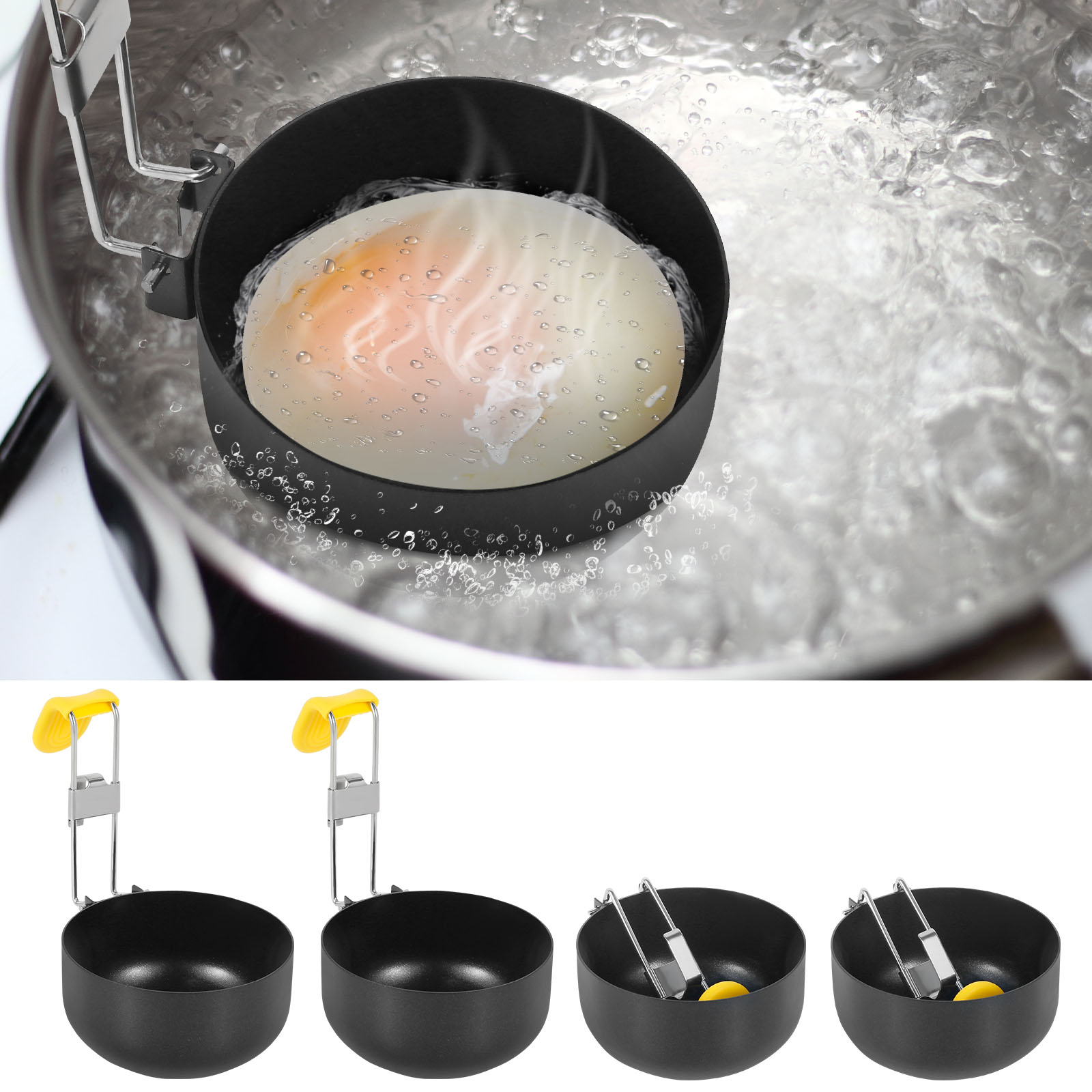 Mini Pancake Griddle - ステンレススチールエッグポーチャー4個パック、折りたたみエッグポーチャーパン、完璧なポーチドエッグ用のノンスティックハングイヤーエッグボイラーエッグリング